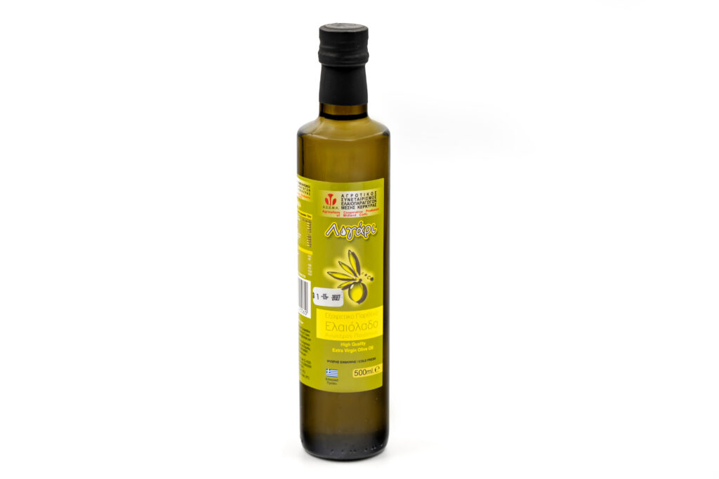 Εξαιρετικό παρθένο ελαιόλαδο — φιάλη 500 ml — Dorica γυάλινο στρογγυλό · Πράσινη ετικέτα