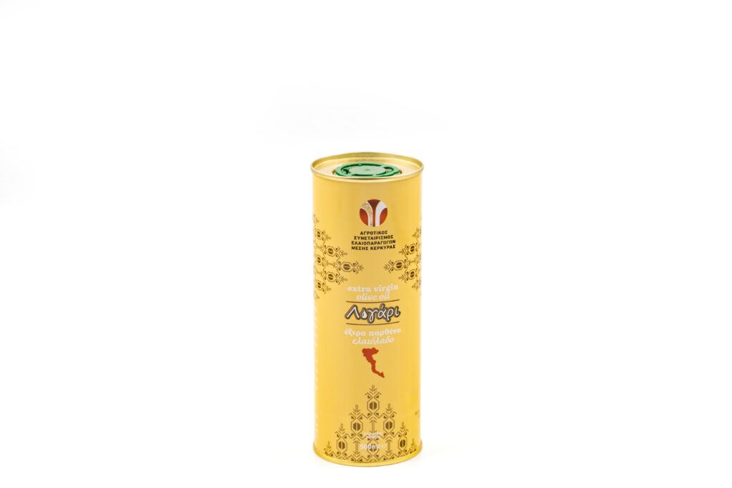 Εξαιρετικό παρθένο ελαιόλαδο — δοχείο 500 ml — Λευκοσίδηρος στρογγυλός · Χρυσό